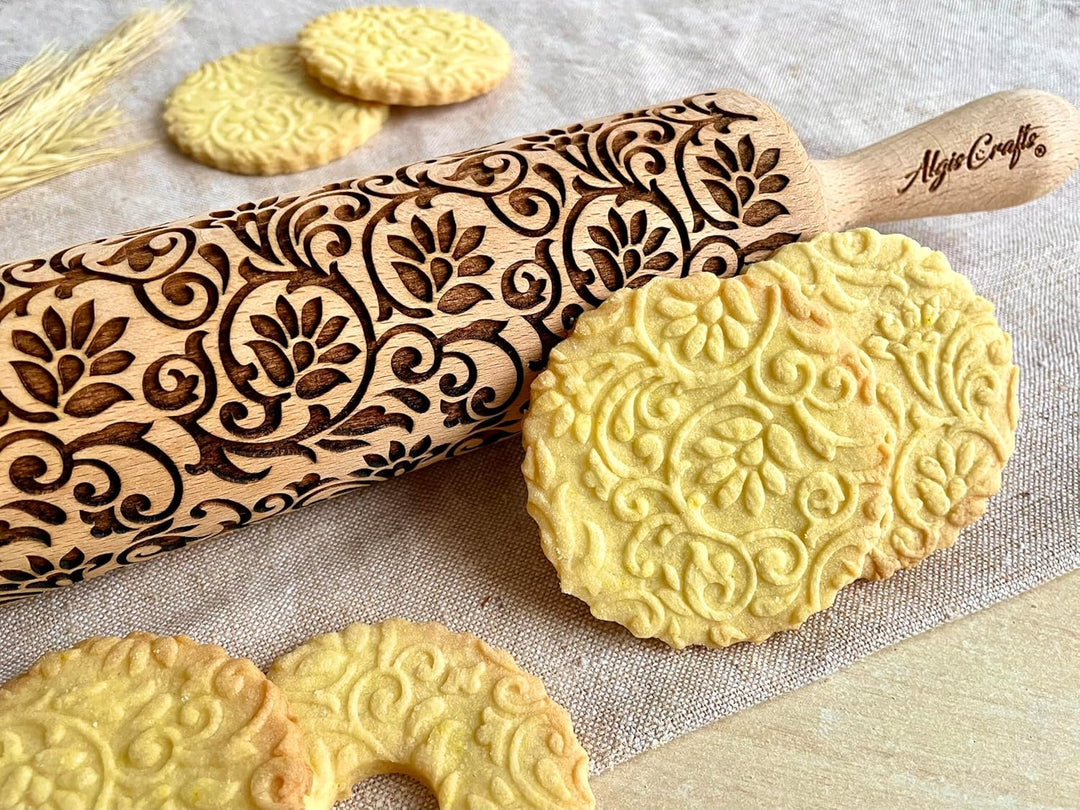 KLETTERBLUMEN Nudelholz. Teigroller mit Blumen für Hausgemachtes Gebäck und Keramik. Gravierte Nudel