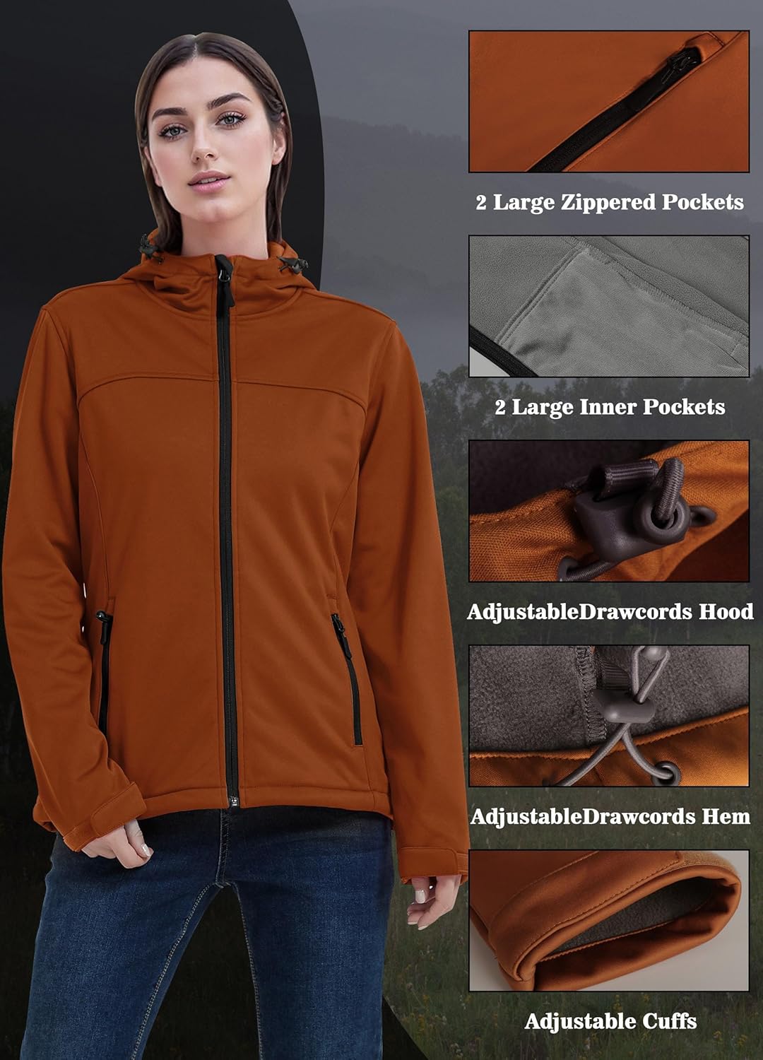ATLASLAVA Damen Softshelljacke Wasserdichte Atmungsaktive Leichte Fleece Kapuze Übergangsjacke Laufe