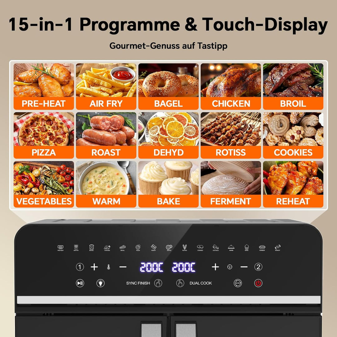 Heissluftfritteuse 23L XXL Mini Backofen mit Französischen Türen, 2600W Air Fryer Dual Zone mit Smar