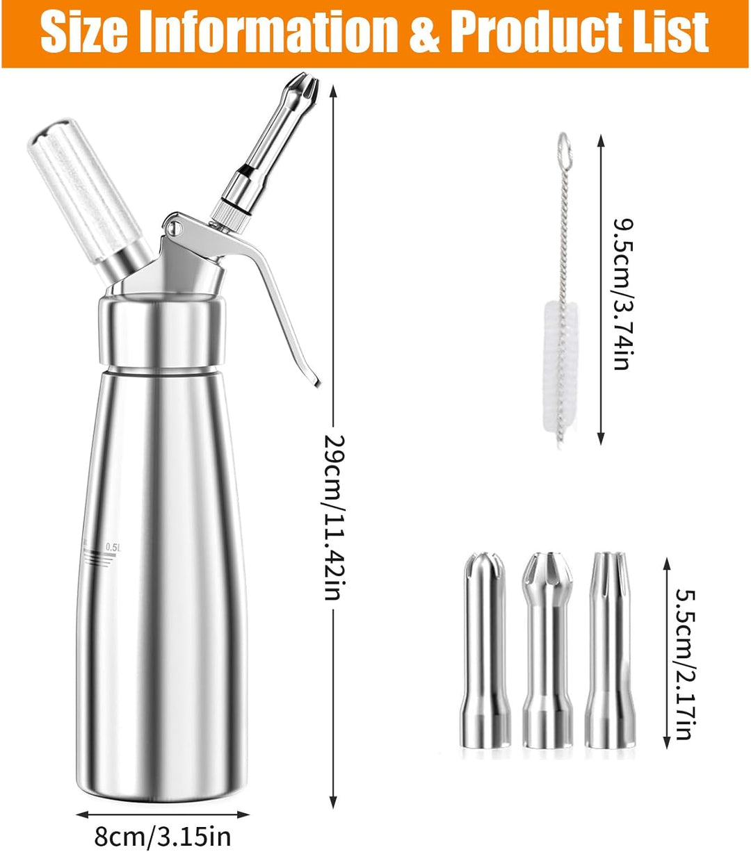 500ml Edelstahl Sahnespender, Sahnesyphon mit 3 Deko-Düsen und 1 Reinigungsbürste, Professioneller S