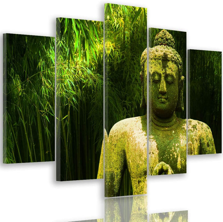 Feeby Wandbild XXL 5 Teilig Buddha Leinwandbild Statue Natur Blätter grün 300x140 cm Leinwandbild 30
