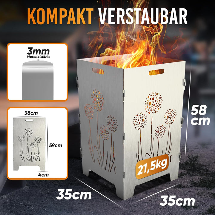 TiKo-Design® Feuerkorb/Feuertonne aus 3 mm Stahl mit Pusteblumen‑Laserung – 4‑Fach, stabil & mobil,