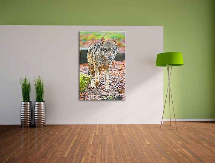 Wolf im Laubwald Deluxe Format: 100x70 cm auf Leinwand, XXL riesige Bilder fertig gerahmt mit Keilra