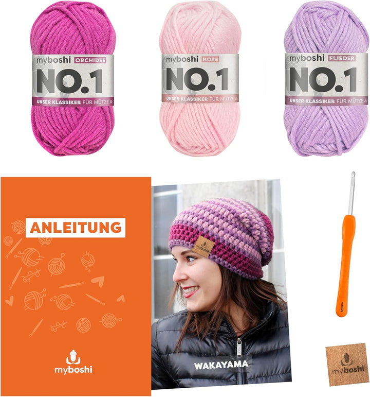 myboshi Häkelset Beanie Wakayama, Häkelset für Anfänger, inkl. No.1 Wolle, Nadel und Anleitung, Labe
