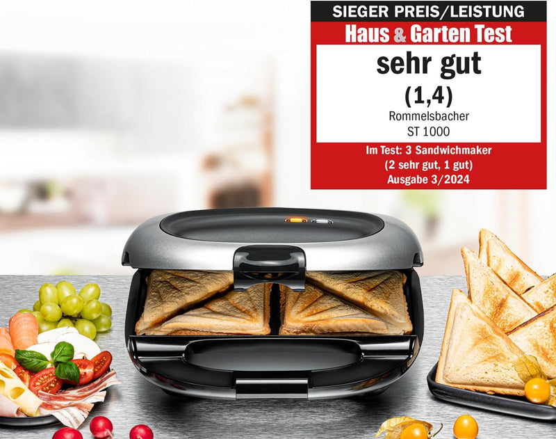 ROMMELSBACHER Sandwich Maker ST 1000 - extra tiefe Backmulden, für 2 American XL Sandwiches, Antihaf