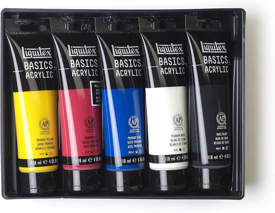 Liquitex 3699350 Basics Studio Acrylfarbe, 5 Farben in 118ml Tuben aus hochwertige und beständige Pi