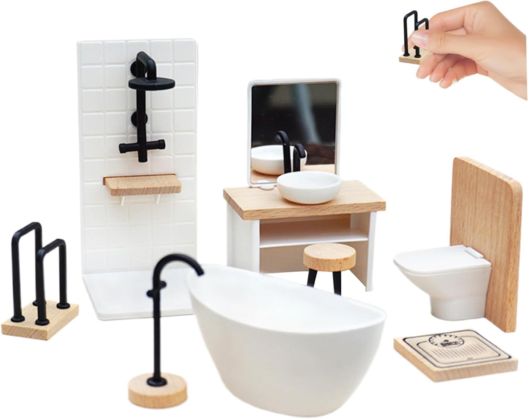 Puppenhaus-Badezimmer-Set, 8-teilig, 1:12, realistische Miniatur-Puppenhaus-Toilette aus Holz, dekor