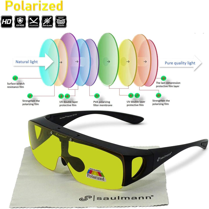 Saulmann® Polarisierte Unisex Flip-UP Überzieh Blendschutzbrille - Kontrast Outdoor- & Nacht Fahrbri