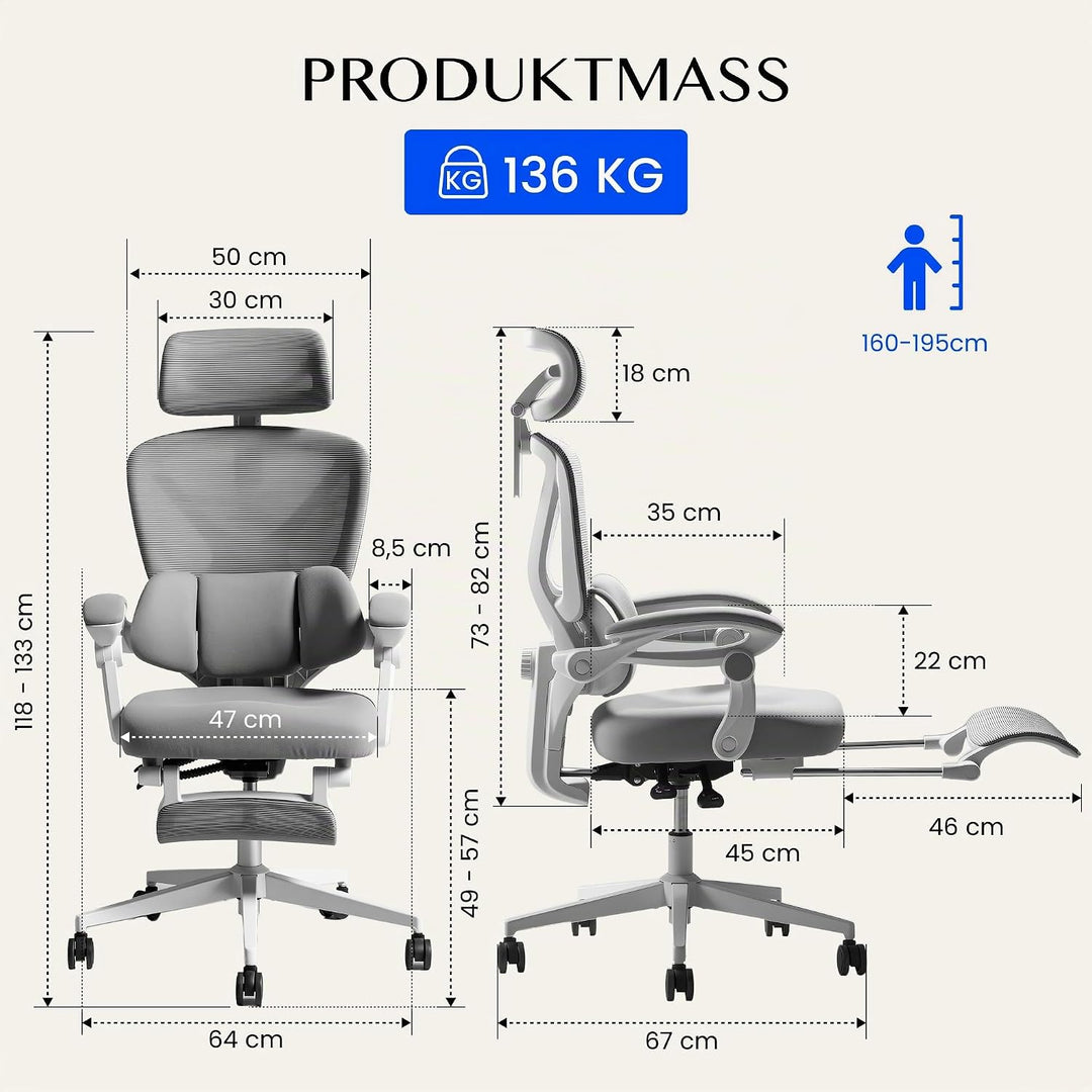 FLEXISPOT Ergonomischer Bürostuhl mit Fussstütze, X-förmiger Schreibtischstuhl mit 135°-Neigung, Gek