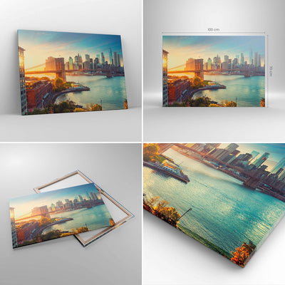 Bilder auf Leinwand 100x70cm Leinwandbild mit Rahmen New York Brücke Gross Wanddeko Bild Schlafzimme