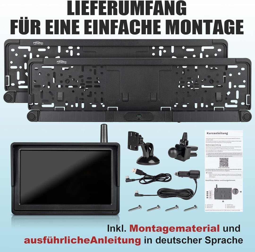 Funk Solar Auto Rückfahrkamera im Nummernschild 5" IPS Monitor Rückfahrsystem mit Solarpanel im Kenn