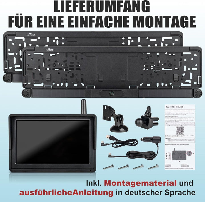 Funk Solar Auto Rückfahrkamera im Nummernschild 5" IPS Monitor Rückfahrsystem mit Solarpanel im Kenn