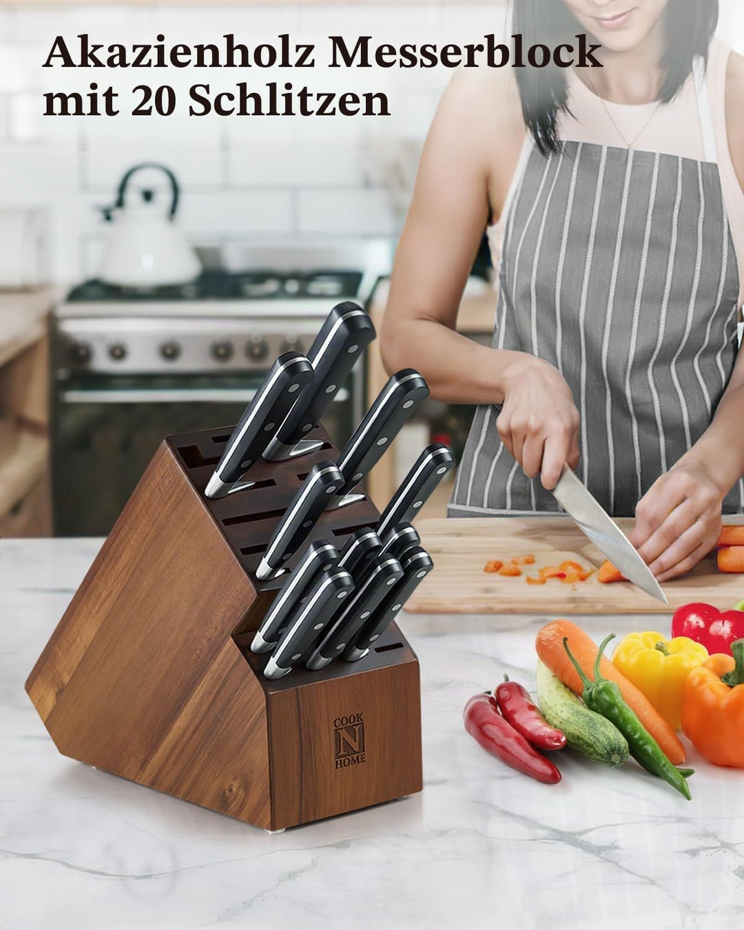 Cook N Home Messerblock aus Akazienholz, ohne Messer, 20 Schlitze, Universal-Messerhalter, Arbeitspl