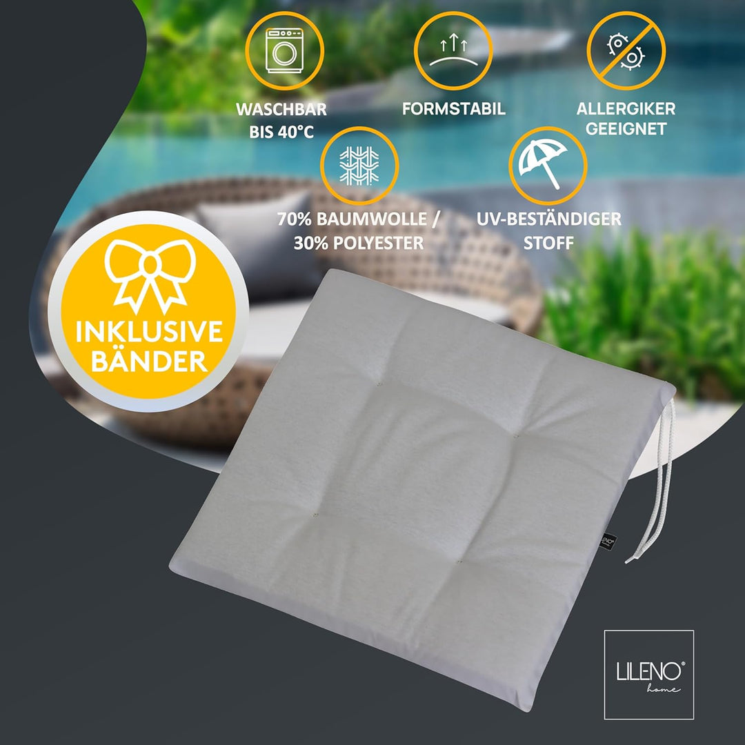 LILENO HOME 2er Set Stuhlkissen Hellgrau (40x40x4,5 cm) - Sitzkissen für Gartenstuhl, Küche oder Ess