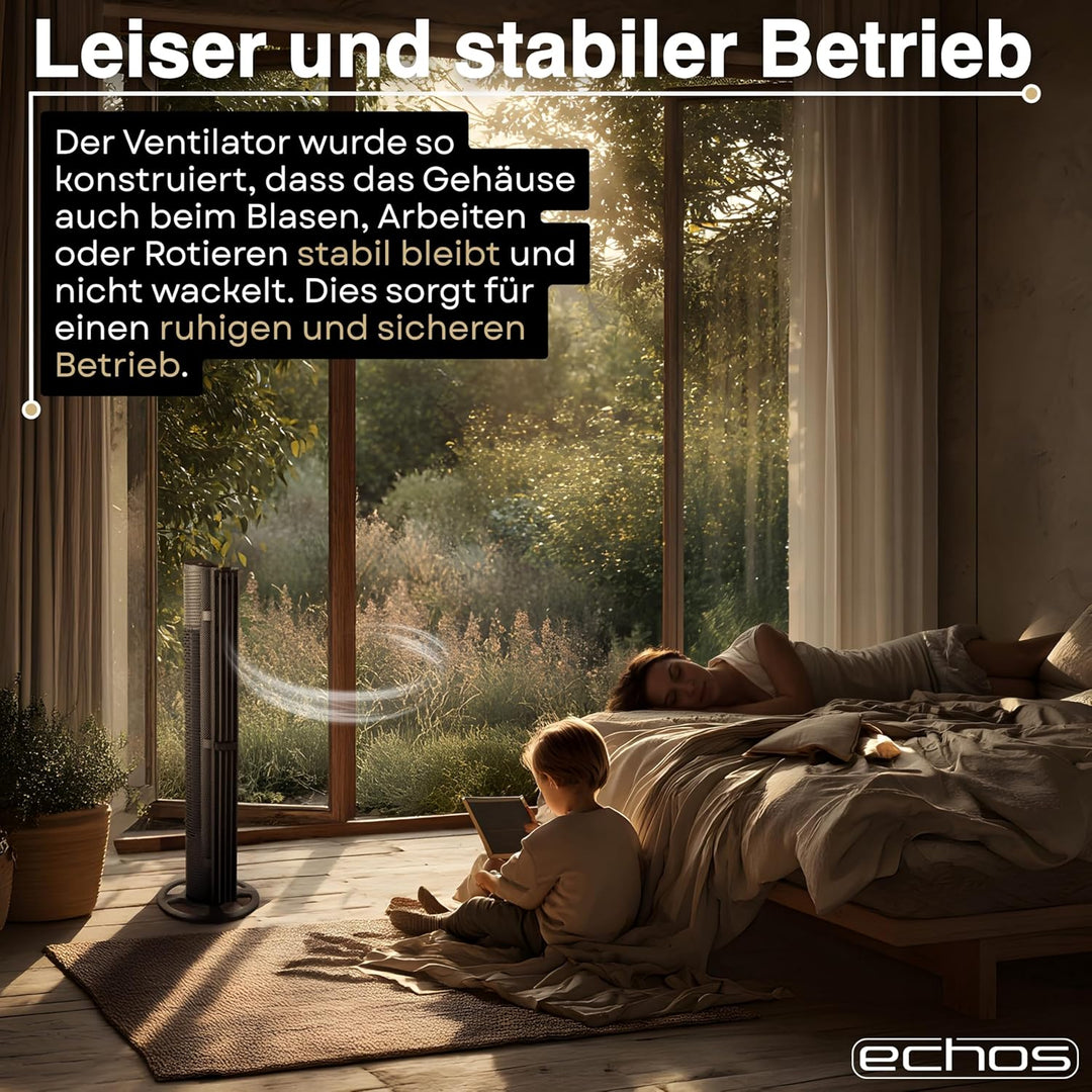 Echos® Turmventilator Leise mit Fernbedienung & Kühlung 75W – Standventilator mit 6 Geschwindigkeite