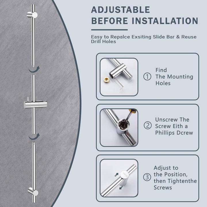 DETBOM Edelstahl Duschstange 90cm,Brausestange mit Duschkopfhalterung 360°Drehbar und Verstellbar,Br