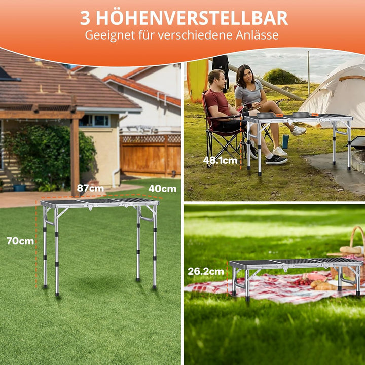 FUNYKICH Tragbarer Grilltisch 87 x 40cm,Campingtisch Klappbar mit 3 Höhen Verstellbarer(26/48/70cm)