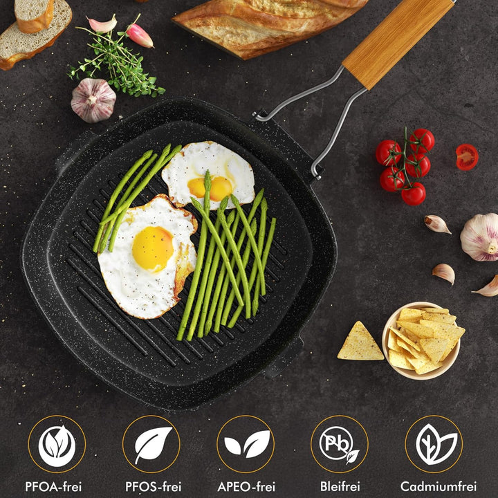 Grillpfanne Induktion gerillt, 24 x 24 cm steinbeschichtet Antihaft-Pfanne Feuerpfanne, Pfanne Induk