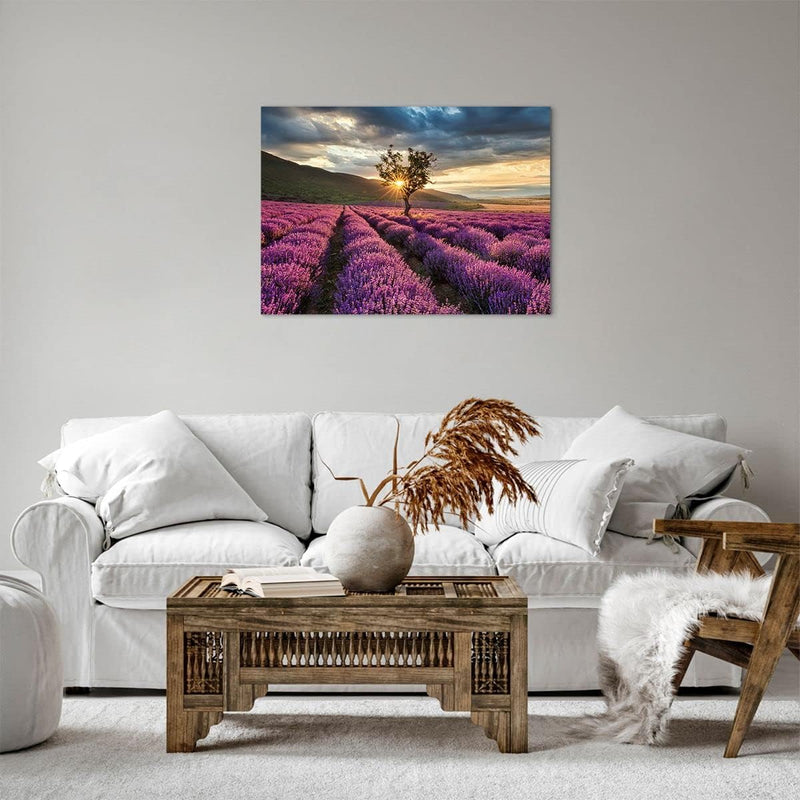 Bilder auf Leinwand Lavendel Berge Feld Leinwandbild mit Rahmen 70x50cm Wandbilder Dekoration Wohnzi