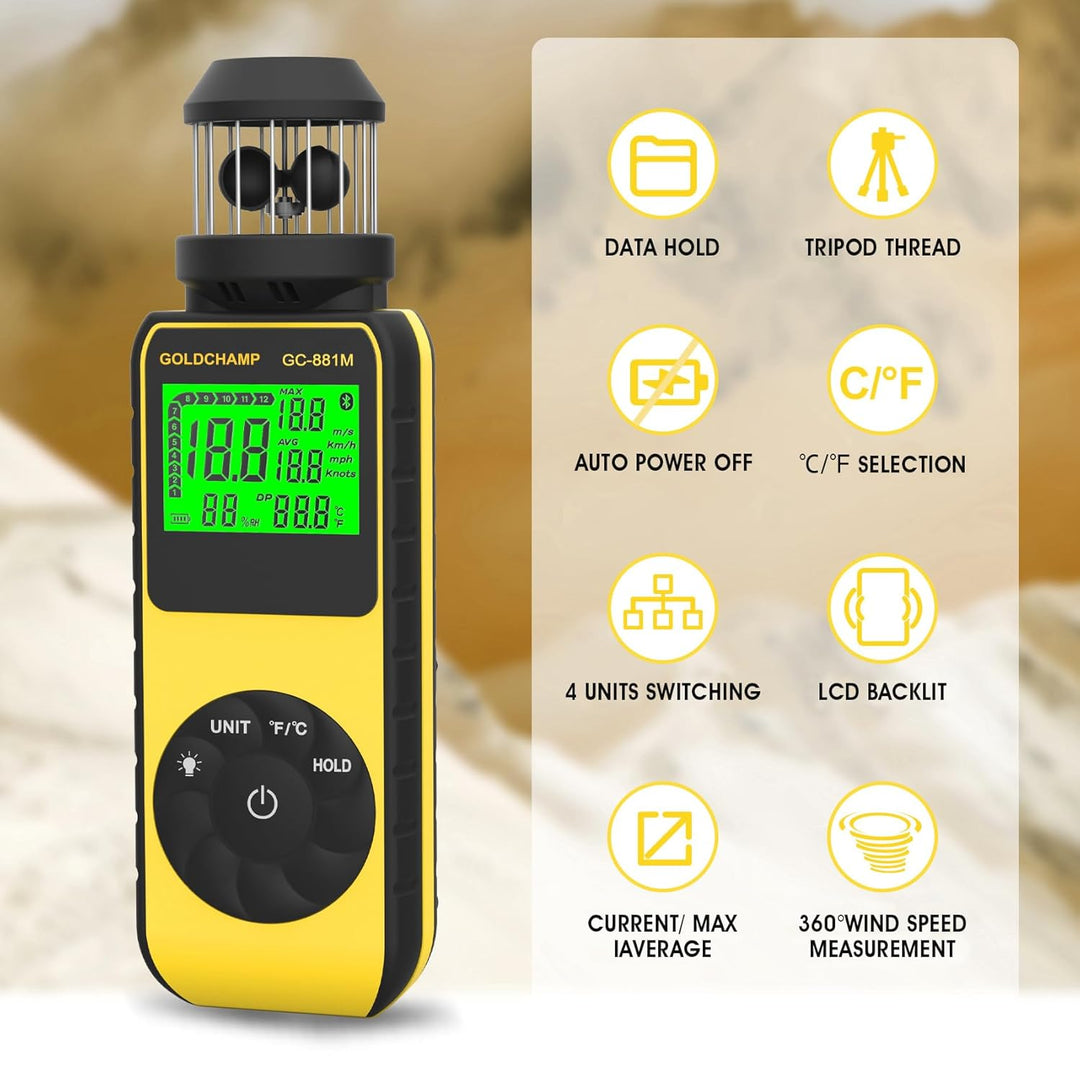 Cup Anemometer, Digitales Windmesser Windmessgerät mit 360°Windrichtung, Windgeschwindigkeitsmesser
