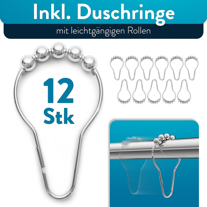 Benkstein® ausziehbare Duschstange ohne Bohren 125-220 cm - Edelstahl Duschvorhangstange 12 Ringe -
