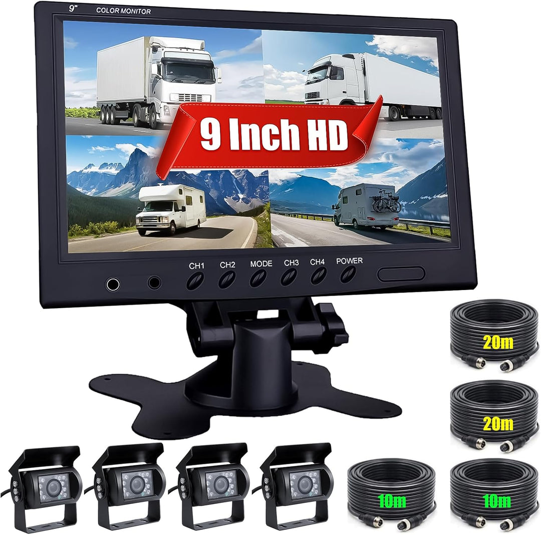 CAMECHO Rückfahrkamera 4 Kameras Set, 9 Zoll Monitor 4 Geteilte Rück und Vorder Kamera, Weitwinkel,