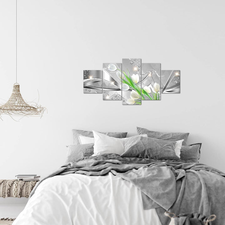 Runa Art Wandbilder Blumen Tulpen 5 Teilig Bild auf Vlies Leinwand Deko Wohnzimmer Diamant Grau Grün