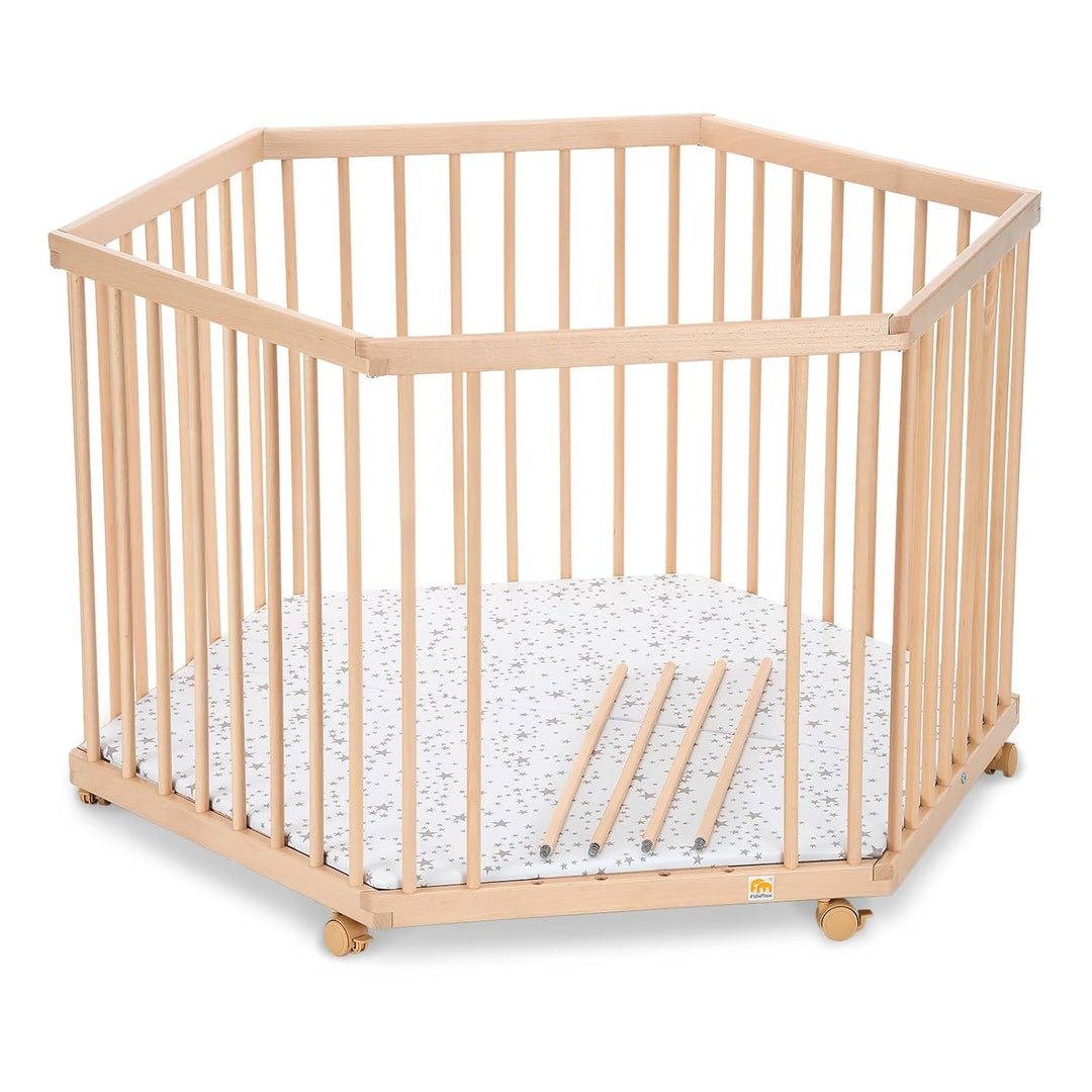 FabiMax Baby Laufgitter 6-eck, stufenlos höhenverstellbar, mit Schlupfsprossen, Laufstall aus massiv