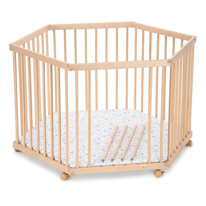 FabiMax Baby Laufgitter 6-eck, stufenlos höhenverstellbar, mit Schlupfsprossen, Laufstall aus massiv