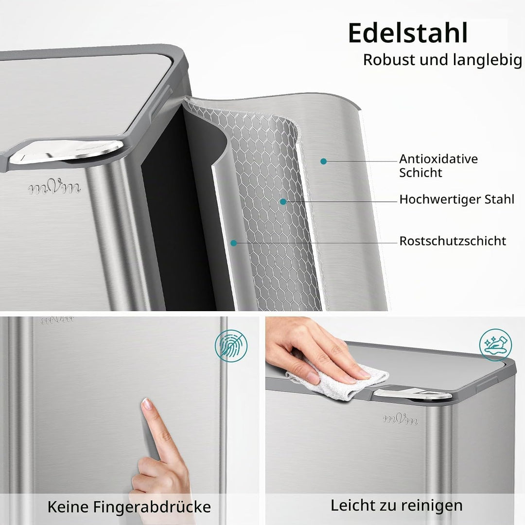 mVm Küchen &amp; Büromülleimer 60L, Edelstahl, Rechteckig, Mit Deckel &amp; Geruchsfilter, Sanftschliessend
