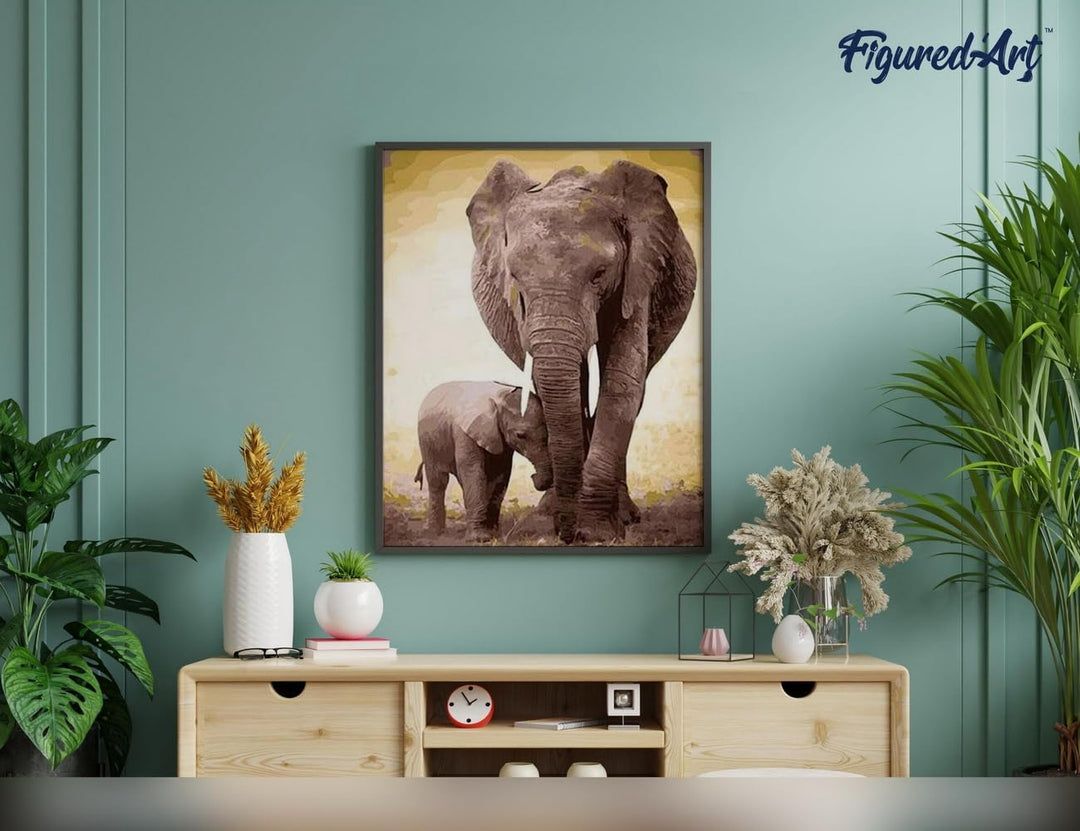 Figured'Art Malen Nach Zahlen Erwachsene Mit Rahmen Elefant und ihr Kalb - Paint by Numbers Basteln