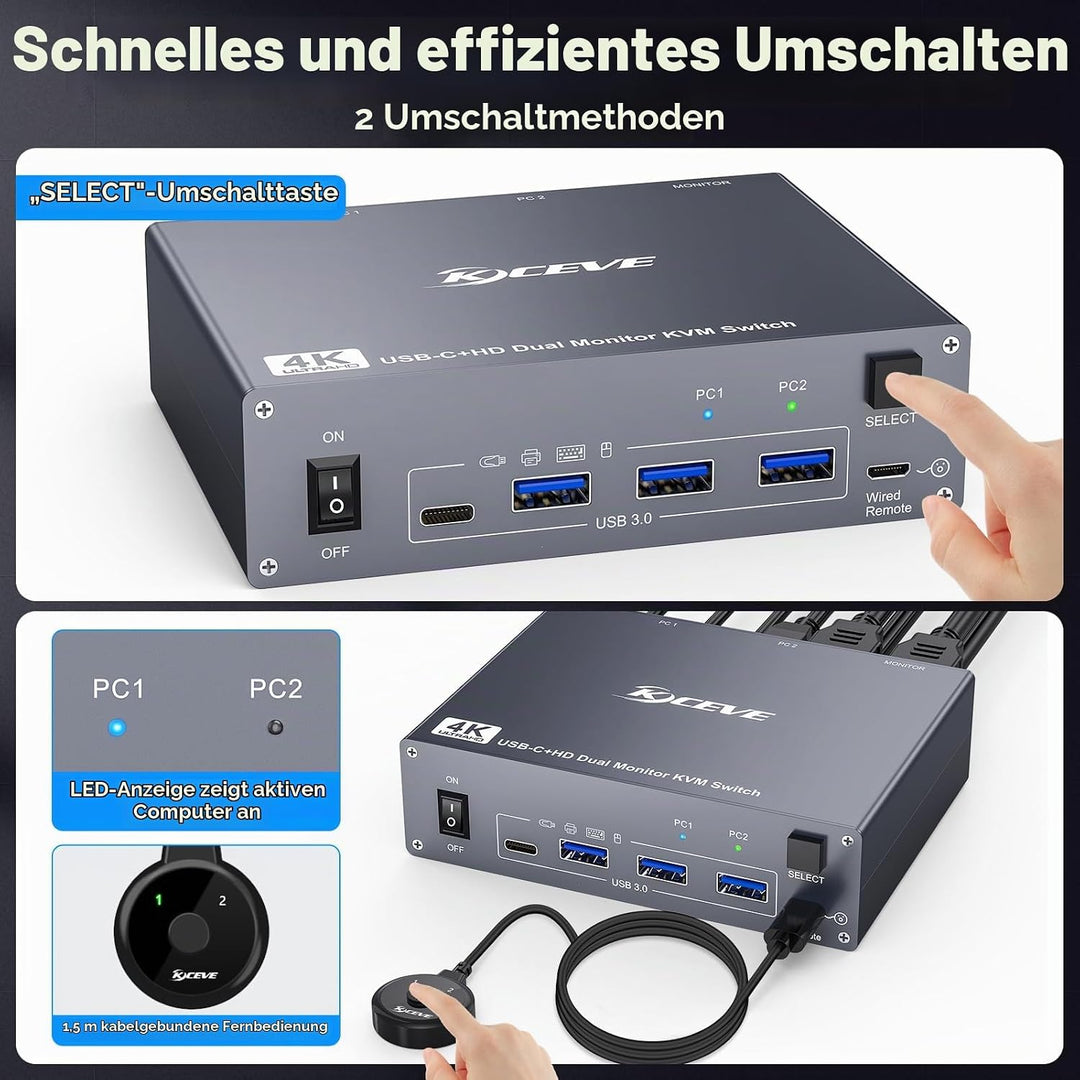 4K KVM Switch 2 Monitore für 1 Laptop 1 Desktop, USB 3.0 KVM Switch 2 PC 2 Monitore USB C, 4K@60Hz,