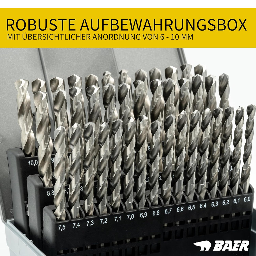 BAER HSSG Spiralbohrer Set (0,1mm steigend) 6-10 mm - DIN 338 - Bohrerset Stahl - Spiralbohrer Set -