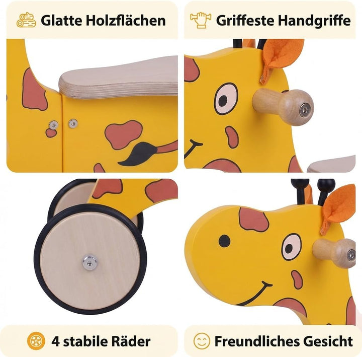 Kinder Rutscher aus Holz Giraffe Happy, Holzrutscher mit 4 Rädern, Handgriffen & Flacher Sitzfläche,