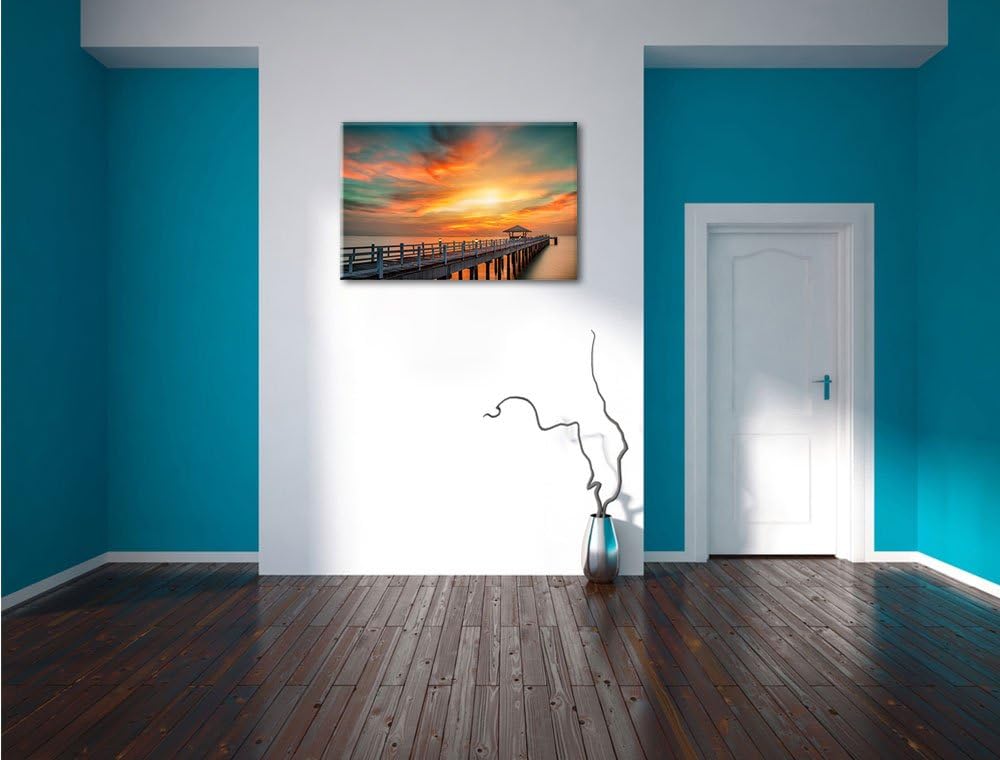 Pixxprint Steg ins Meer bei Sonnenuntergang als Leinwandbild/Grösse: 100x70 cm/Wandbild/Kunstdruck/f