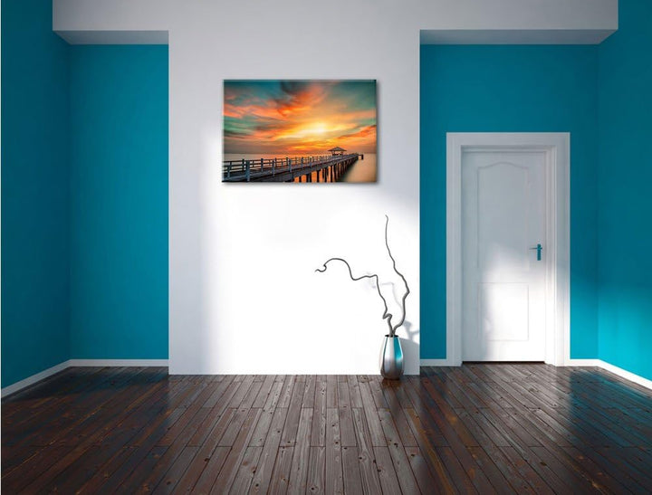 Pixxprint Steg ins Meer bei Sonnenuntergang als Leinwandbild/Grösse: 100x70 cm/Wandbild/Kunstdruck/f