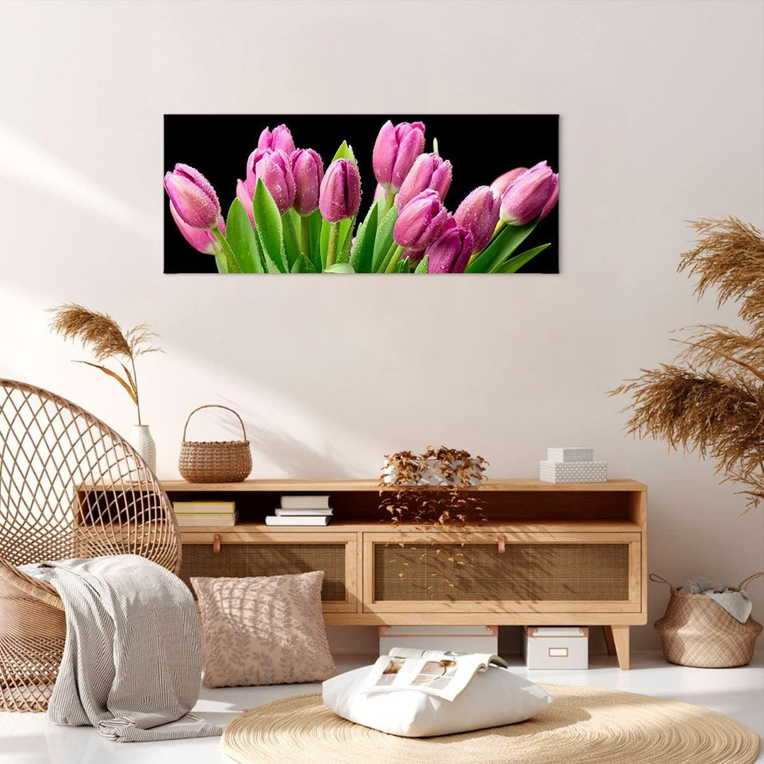 Wandbilder Dekoration Wohnzimmer Tulpen Blumenstrauss Tau Tropfen Panorama Bilder auf Leinwand 120x5