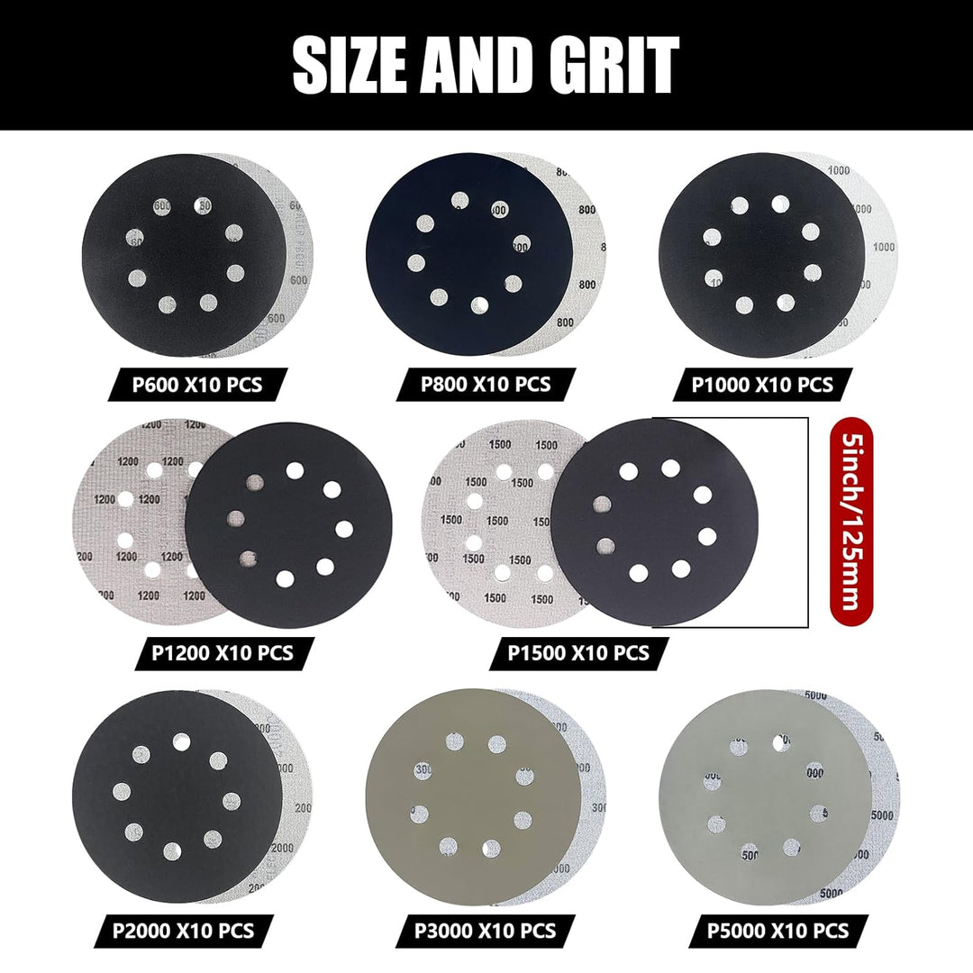 GZKTY Nassschleifpapier 125mm Klett - 80 Stück Schleifscheiben Set (600/800/1000/1200/1500/2000/3000