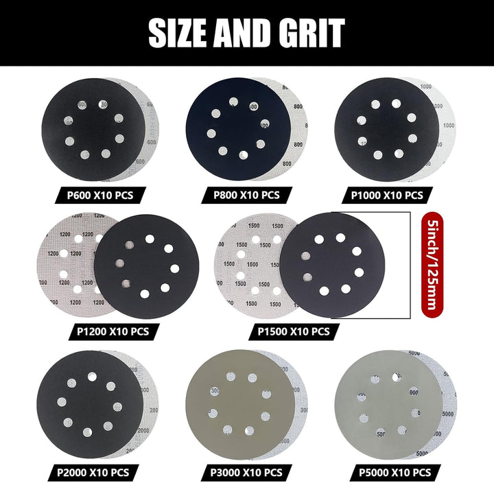 GZKTY Nassschleifpapier 125mm Klett - 80 Stück Schleifscheiben Set (600/800/1000/1200/1500/2000/3000