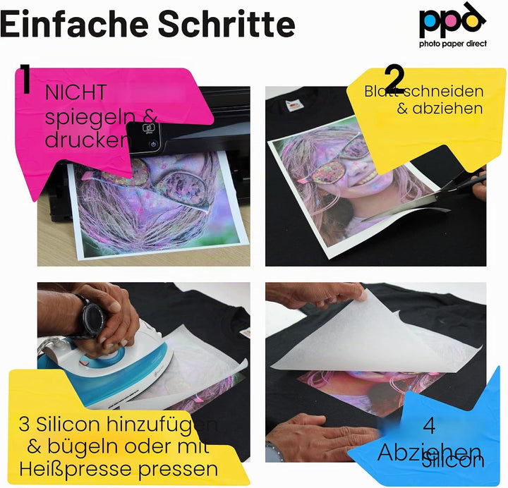 PPD 50xA4 Inkjet Premium Transferpapier für dunkles Textil, Bügeleisen und Transferpresse PPD-4-50