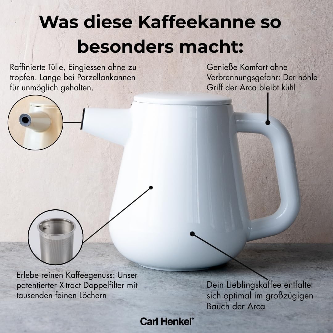 ARCA X-Tract Kaffeekanne Porzellan mit Filter 1,2l | Coffee Maker für 4-10 Tassen | Kaffeebereiter m