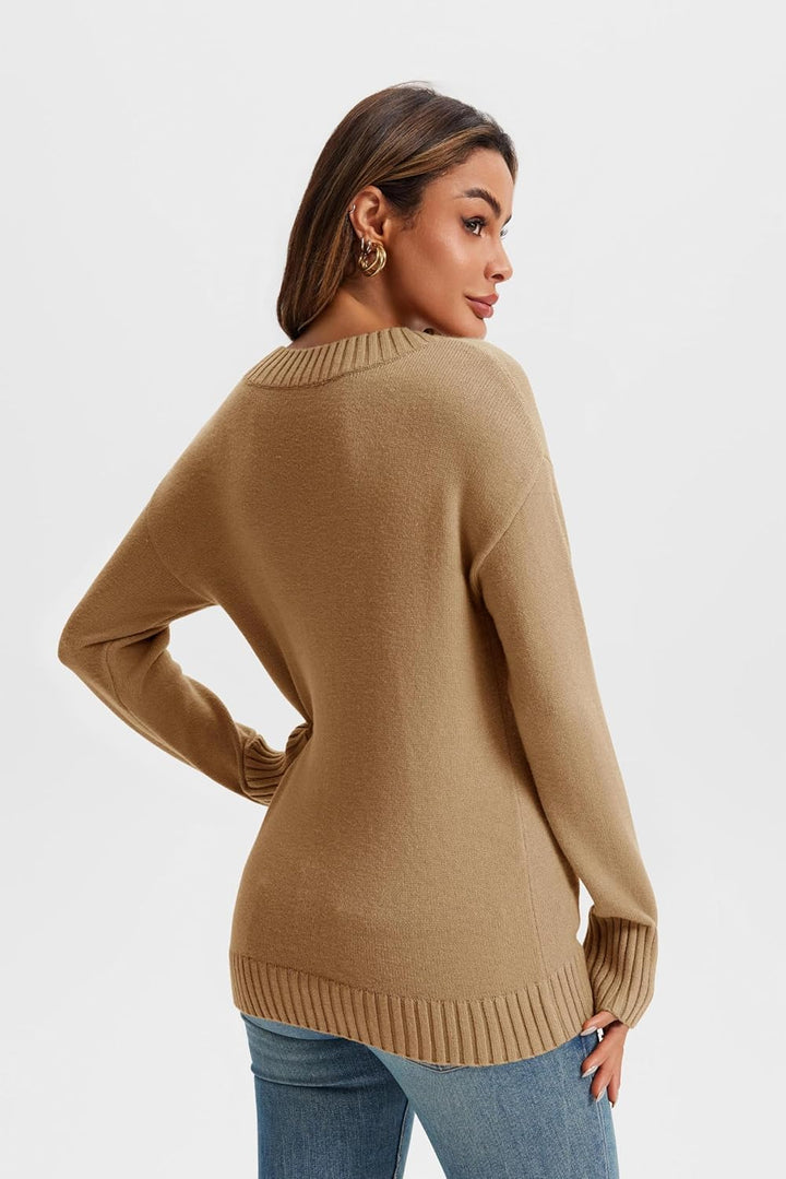 Wenrine Damen Pullover Winter Langarm V-Ausschnitt Strickpullover Sexy Lose Einfarbig S Khaki, S Kha