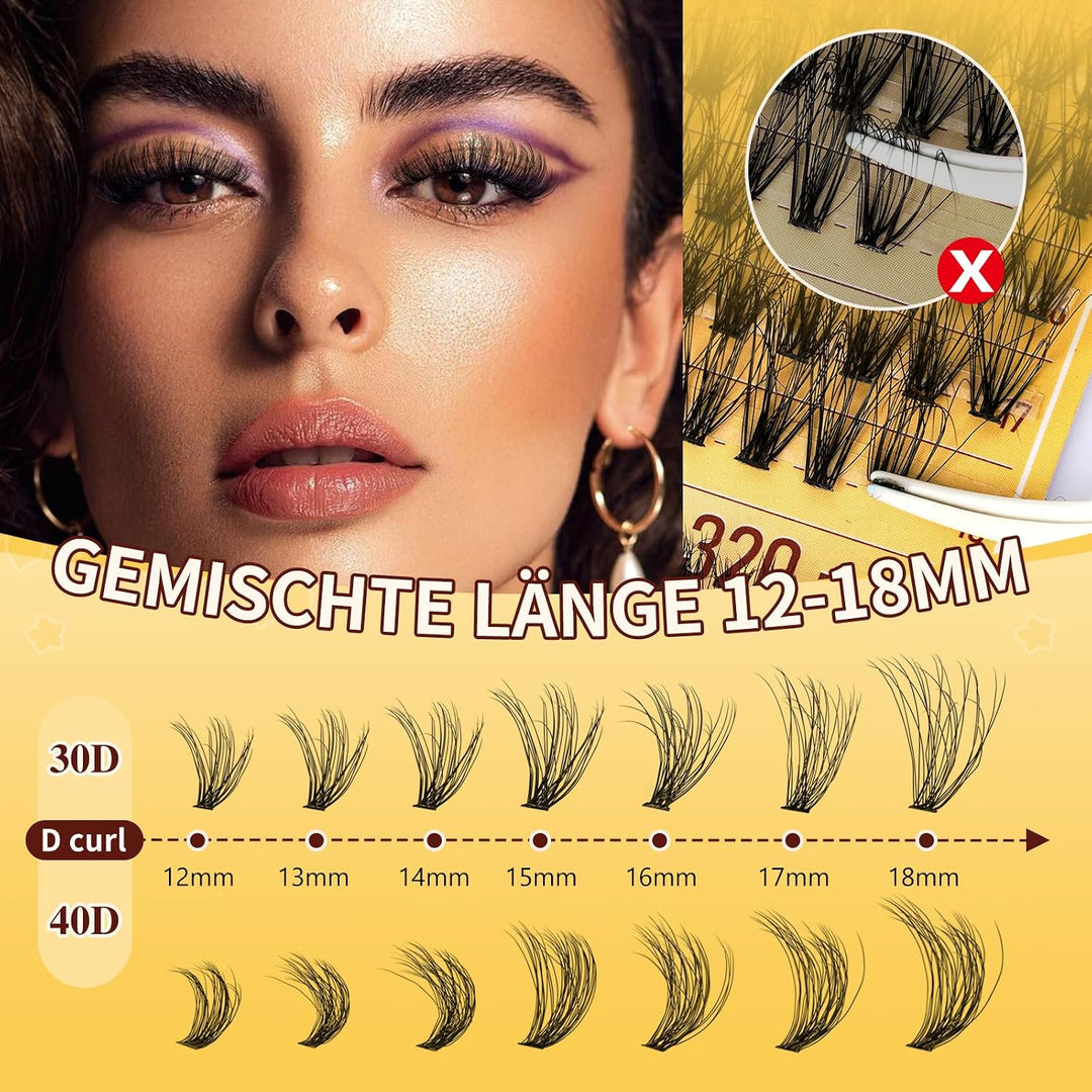 QUEWEL Wimpern-Extensions 320 Stück 30D+40D, DIY Lash Extension Set, Cluster Lashes mit Wimpernklebe