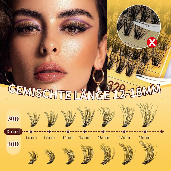 QUEWEL Wimpern-Extensions 320 Stück 30D+40D, DIY Lash Extension Set, Cluster Lashes mit Wimpernklebe