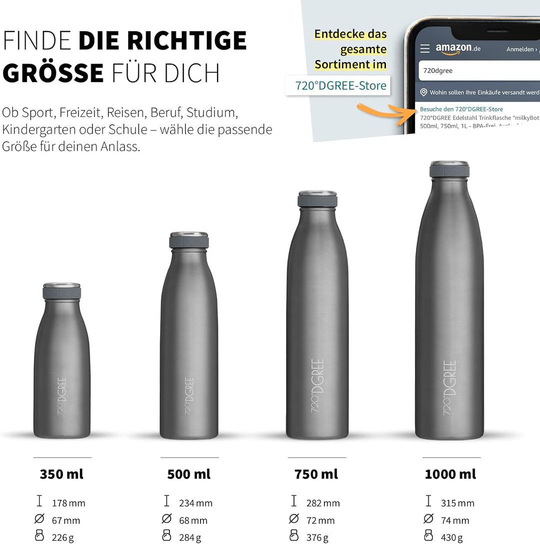 720°DGREE Edelstahl Trinkflasche “milkyBottle” - 750ml - BPA-Frei, Auslaufsicher, Kohlensäure geeign