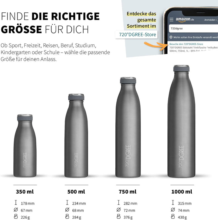 720°DGREE Edelstahl Trinkflasche “milkyBottle” - 1L - BPA-Frei, Auslaufsicher, Kohlensäure geeignet