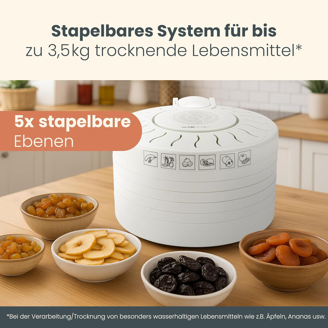 Clatronic DR 2751 Dörrautomat, 250 W mit Überhitzungsschutz, trocknet Obst, Gemüse, Kräuter, Fleisch