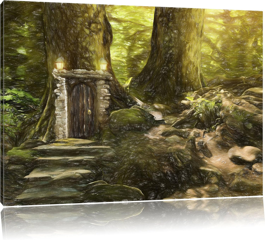 Pixxprint Geheimes Tor im Wald / 100x70cm Leinwandbild bespannt auf Holzrahmen/Wandbild Kunstdruck D