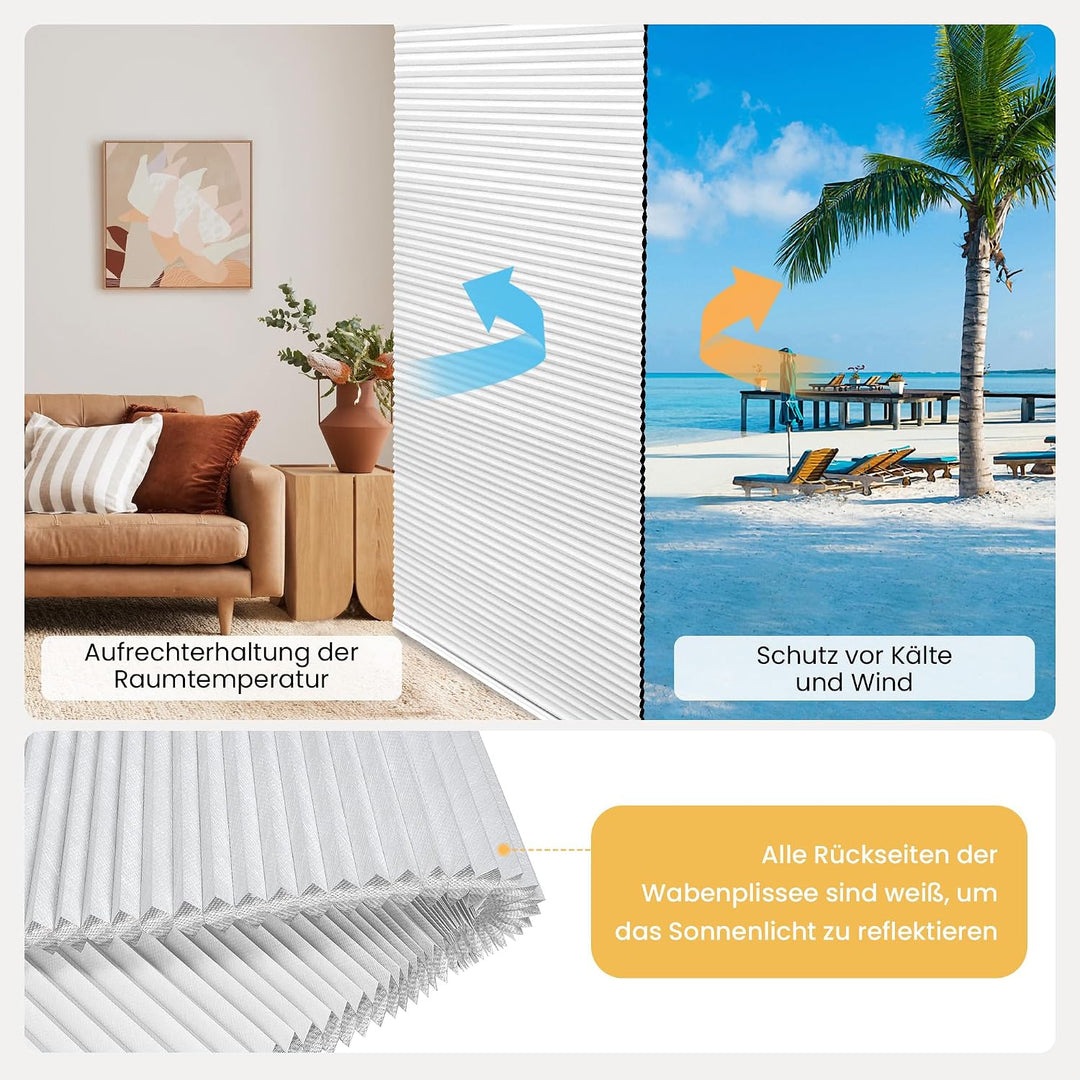 BelleMax Plissee Verdunklung Klemmfix Wabenplissee ohne Bohren Weiss-Weiss 40x100cm(BxH), Thermo Ver