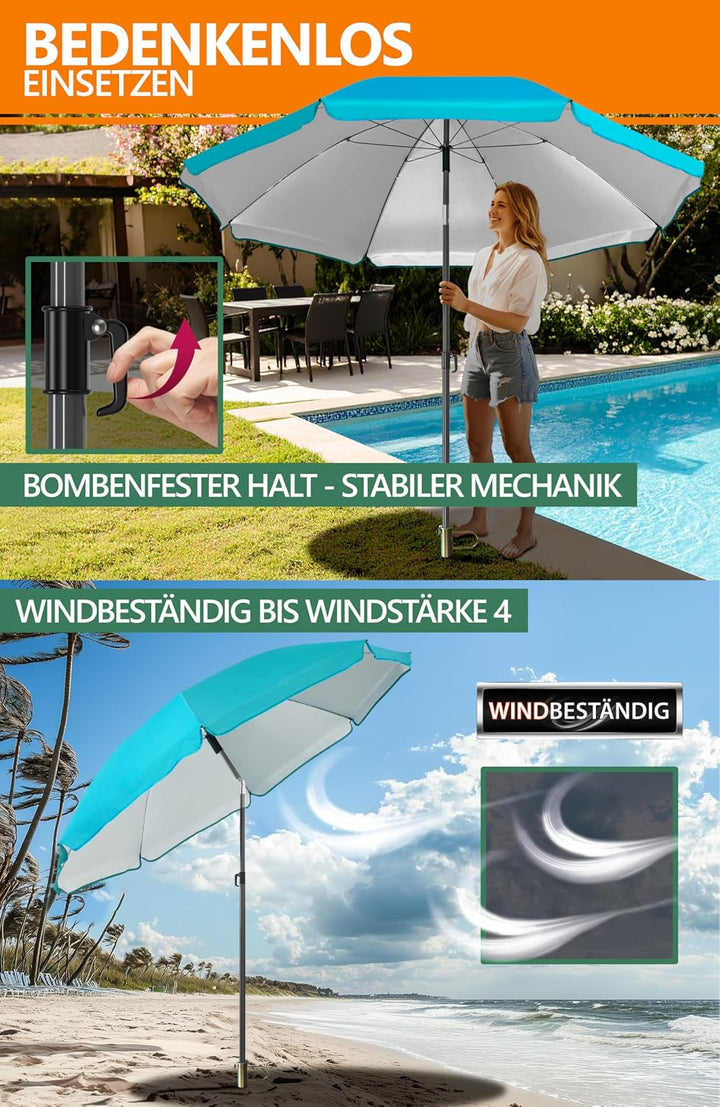 4smile SunnyJoy 3-IN-1 Set mit Sonnenschirm Strand in Türkis - Strandschirm windfest stabil 200 cm m